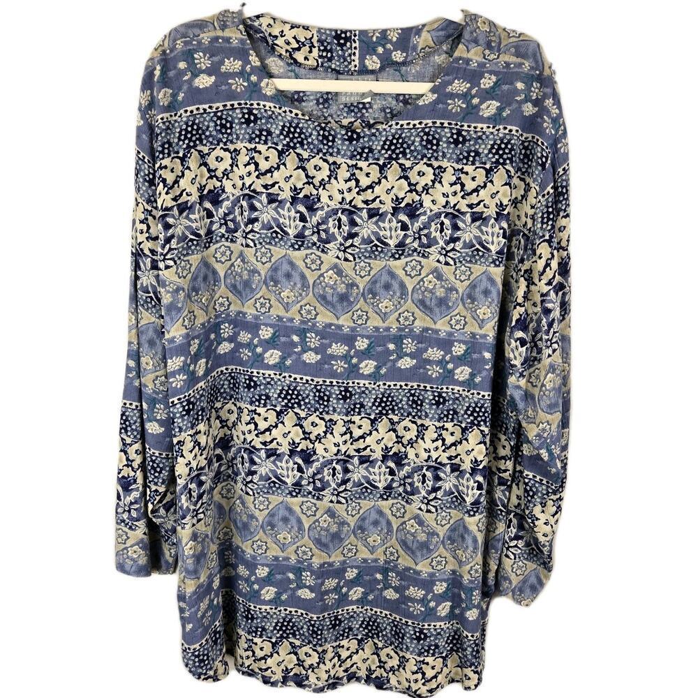 Vintage Rabbit Tunic 3/4 Sleeve Round Neck Floral Print Paisley Blue Sz 6 Bohemi